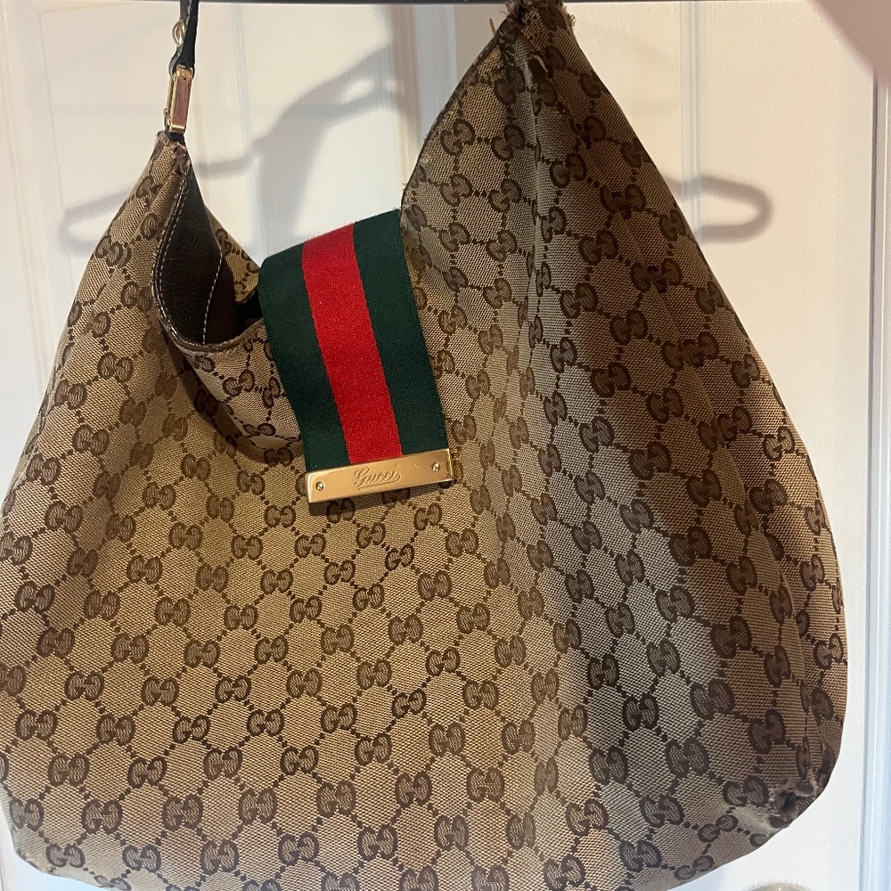 Gucci Brown Monogram Canvas Shoulder Bag with Green and Red Web Stripe